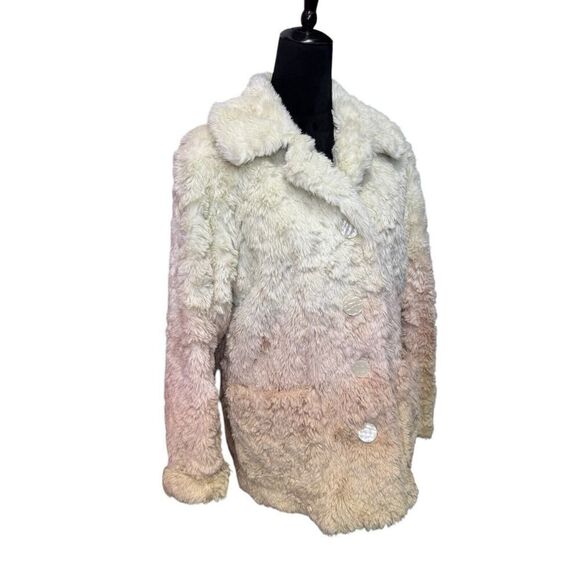 Anthropologie Womens Ivory Button Front Ombre Plush Faux Fur Coat Size M - Picture 6 of 16